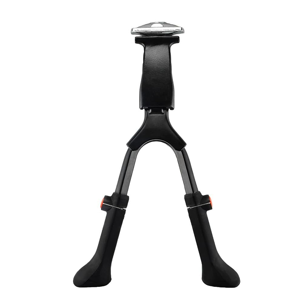 Double-leg center mount kickstand holding e-bike upright