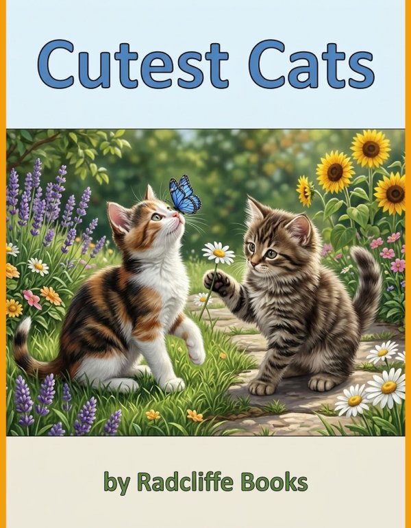 Cutest Cats coloring book cover by Radcliffe Books with 40 unique coloring pages