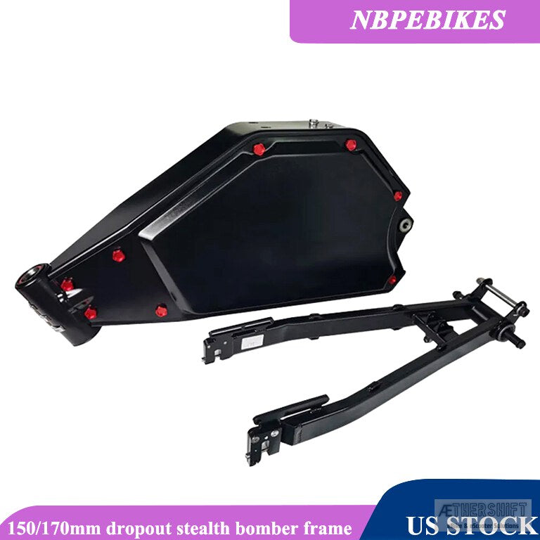 Enduro e-bike frame, stealth bomber style, full suspension for high-power hub motor builds
