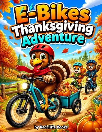 E-Bikes at Thanksgiving coloring book cover by Radcliffe Books