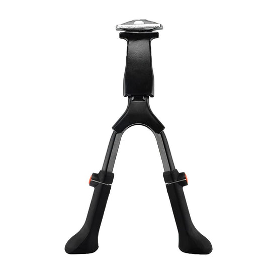 Double-leg center mount kickstand holding e-bike upright