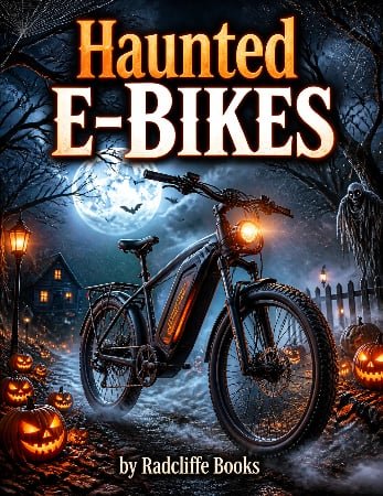 Haunted E-Bikes adult coloring book cover — spooky e-bike illustrations