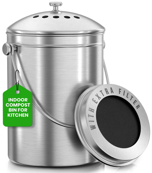 Countertop Compost Bin - 1.3 Gallon Stainless Steel with Charcoal Filter