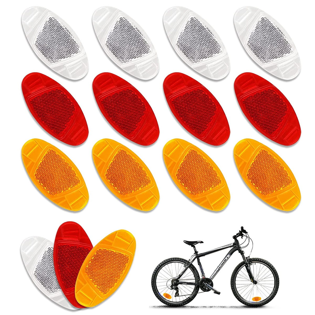 Snap-on spoke reflectors catching headlight glare on an e-bike wheel