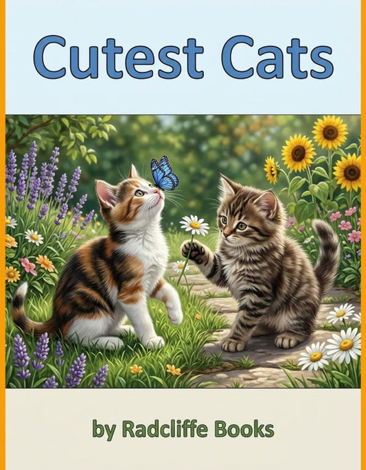 Cutest Cats coloring book cover by Radcliffe Books with 40 unique coloring pages