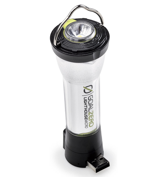 Goal Zero Lighthouse Micro Charge lantern flashlight end showing LED and USB port