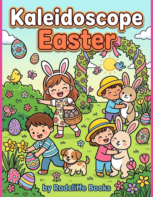 Kaleidoscope Easter coloring book cover by Radcliffe Books with 40 unique coloring pages