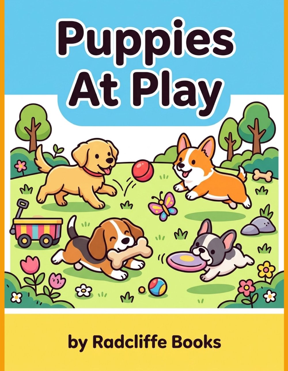 Puppies At Play coloring book cover — 40 puppy coloring pages for kids and adults