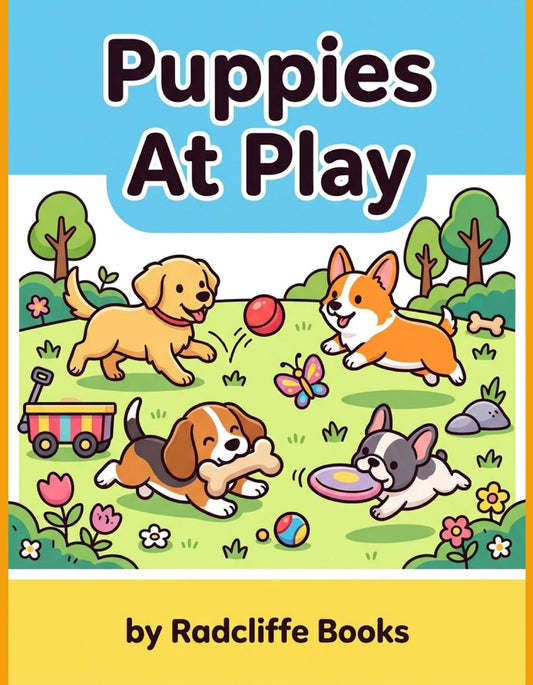 Puppies At Play coloring book cover — 40 puppy coloring pages for kids and adults