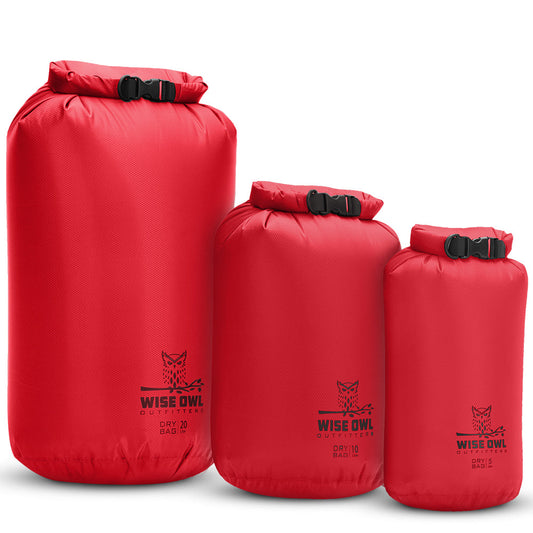 Wise Owl Outfitters roll-top dry bags in 5, 10, and 20 liter sizes