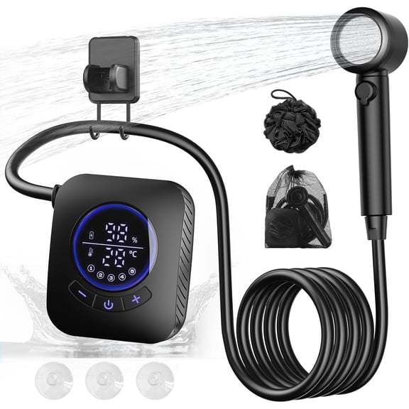 Portable camping shower pump with 5-foot hose and stainless steel shower head