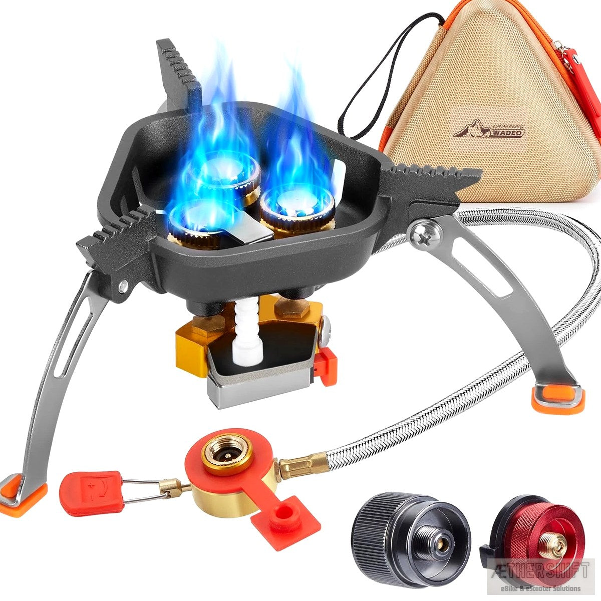 Compact canister-top camping stove with piezo ignition for trailer touring