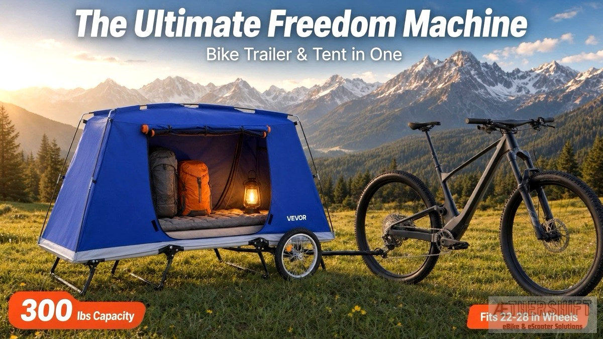 Folding bike camper trailer tent with 300 lb static load, hitched to a bicycle