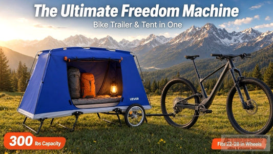 Folding bike camper trailer tent with 300 lb static load, hitched to a bicycle