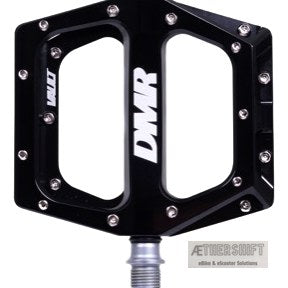 DMR V12 alloy flat pedals — forged pedal body with 10 grip pins per side