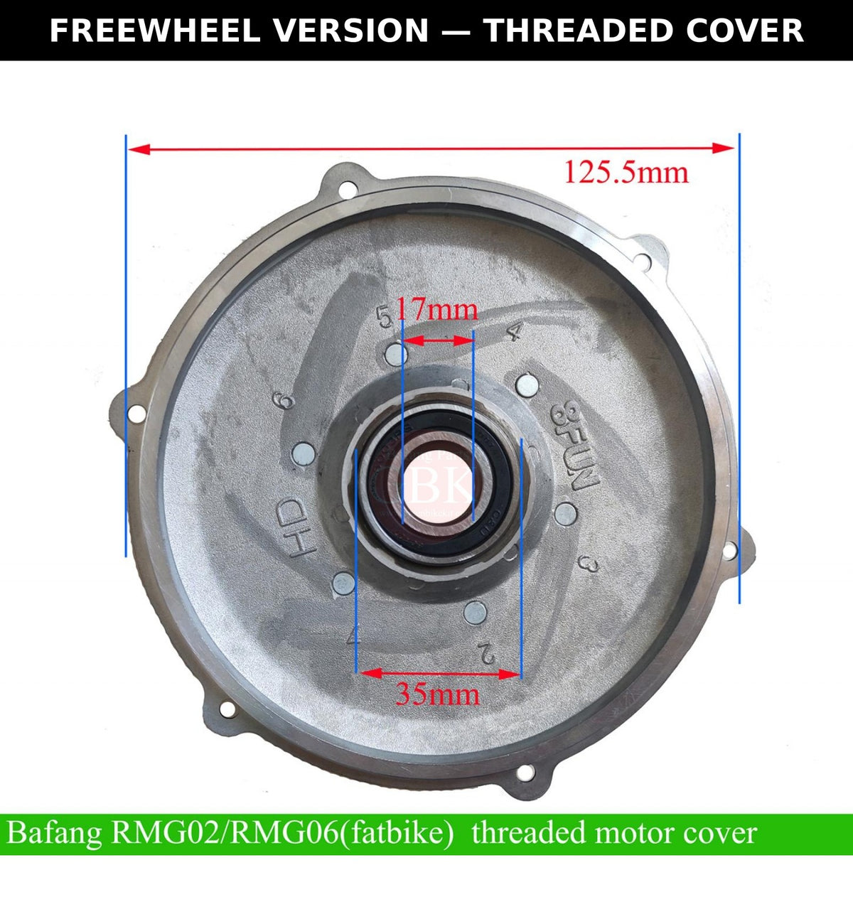 Bafang RM G060 freewheel version threaded motor cover with dimensions, labeled.