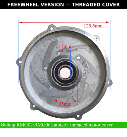 Bafang RM G060 freewheel version threaded motor cover with dimensions, labeled.