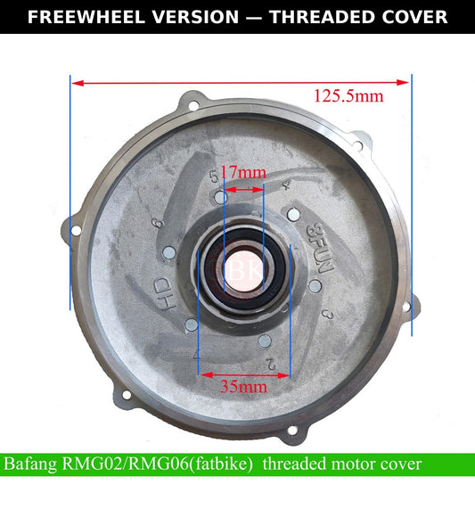 Bafang RM G060 freewheel version threaded motor cover with dimensions, labeled.