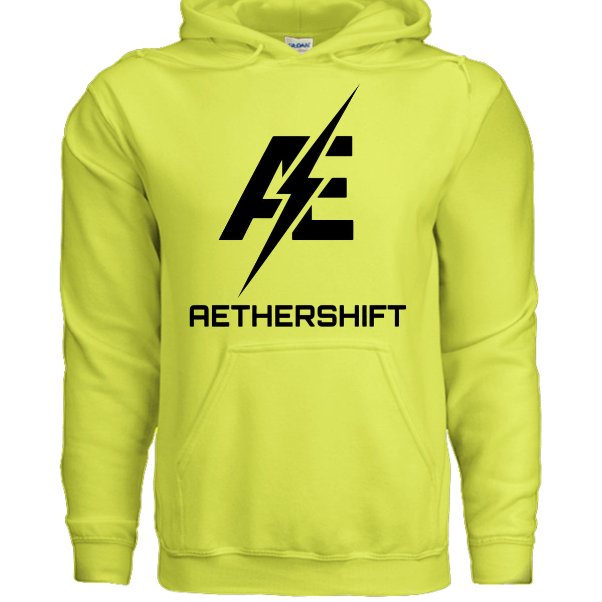 Safety green AetherShift black logo hoodie, front view — Gildan G185 heavy blend pullover