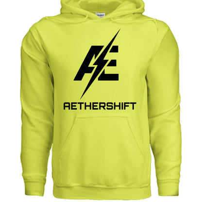 Safety green AetherShift black logo hoodie, front view — Gildan G185 heavy blend pullover