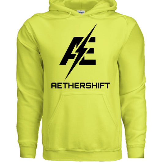 Safety green AetherShift black logo hoodie, front view — Gildan G185 heavy blend pullover
