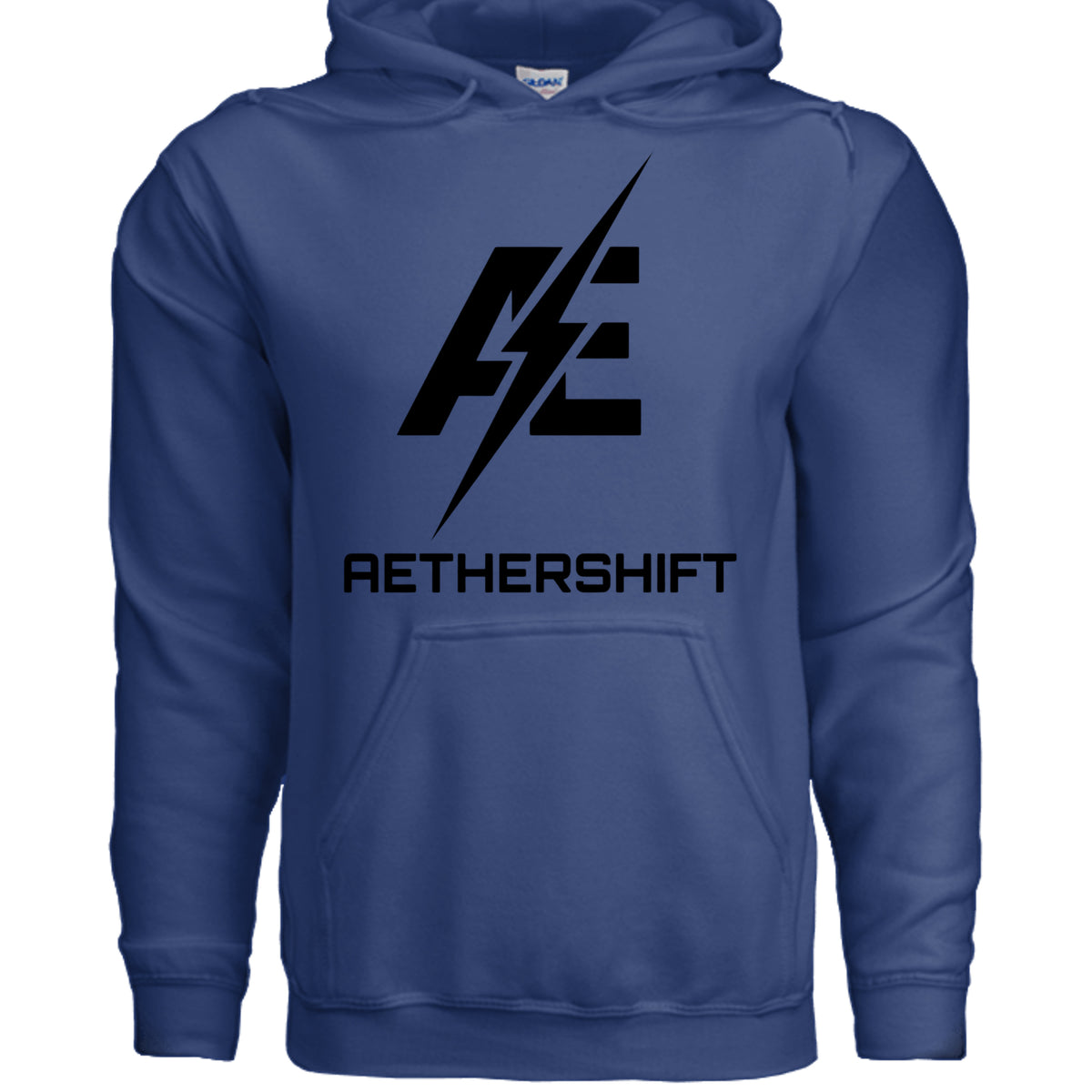 Deep royal AetherShift black logo hoodie, front view — Gildan G185 heavy blend pullover