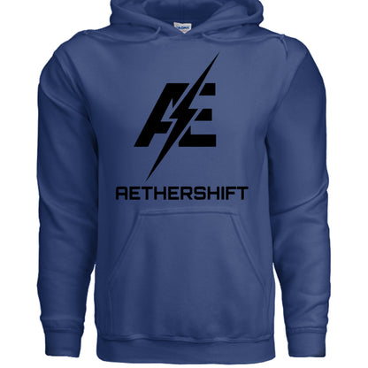Deep royal AetherShift black logo hoodie, front view — Gildan G185 heavy blend pullover