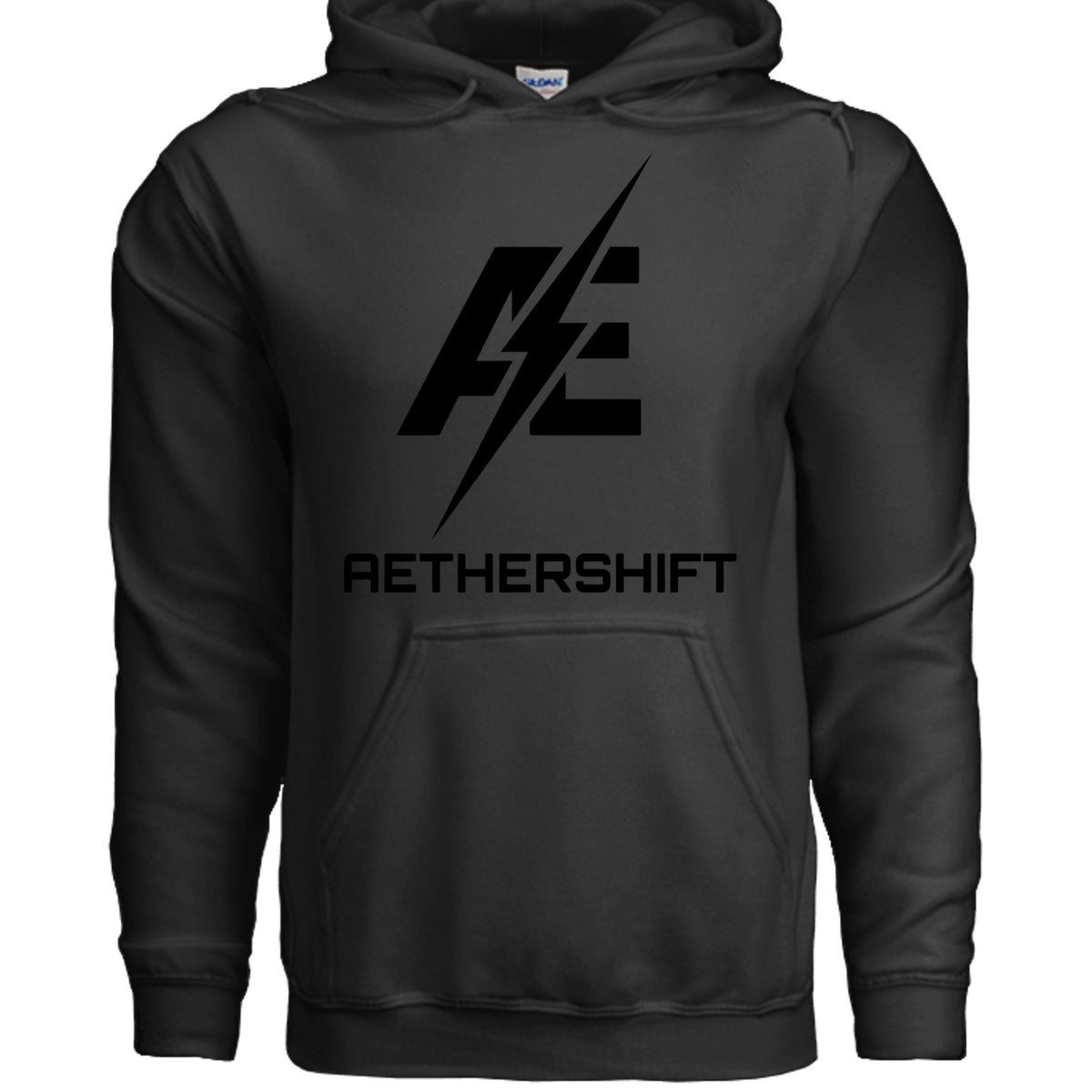 Black AetherShift black logo hoodie, front view — Gildan G185 heavy blend pullover