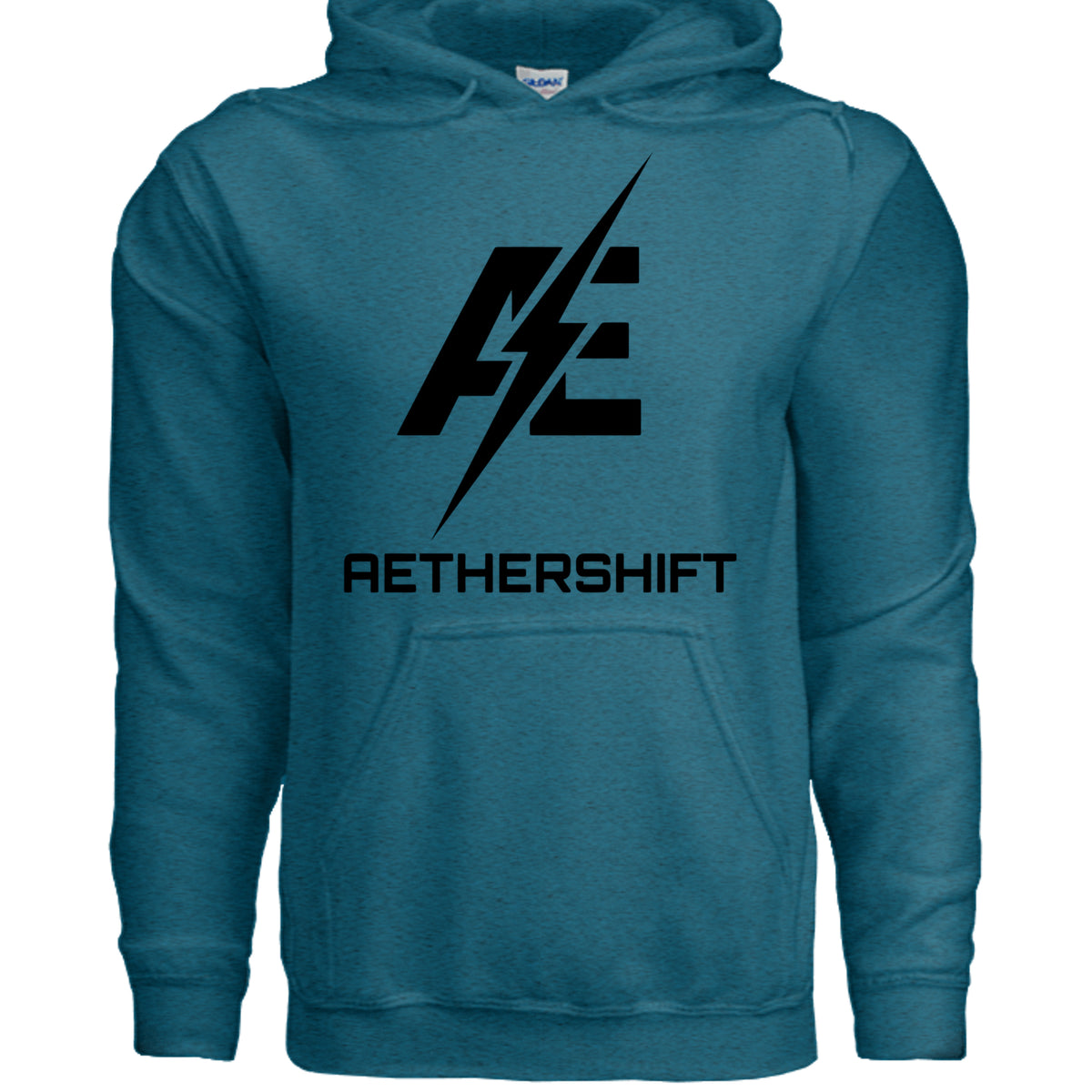 Antique sapphire AetherShift black logo hoodie, front view — Gildan G185 heavy blend pullover