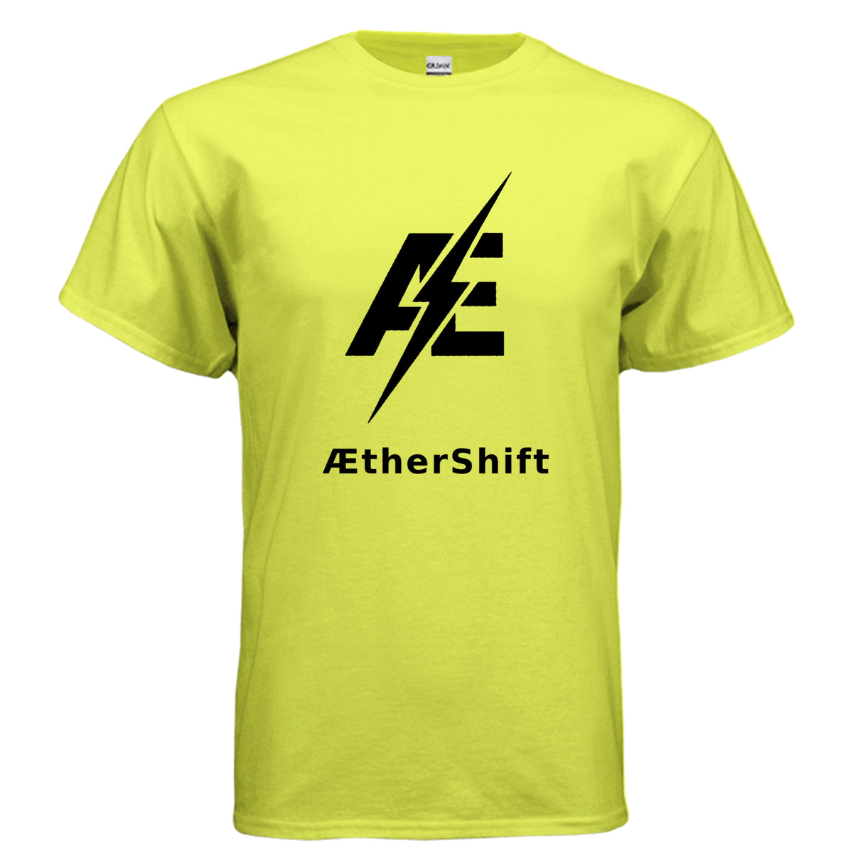 AetherShift logo t-shirt, front view, safety green