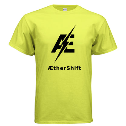AetherShift logo t-shirt, front view, safety green