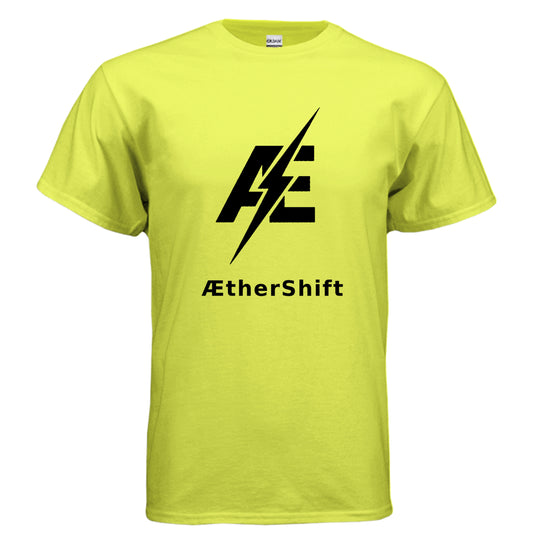 AetherShift logo t-shirt, front view, safety green
