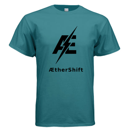 AetherShift logo t-shirt, front view, galapagos blue