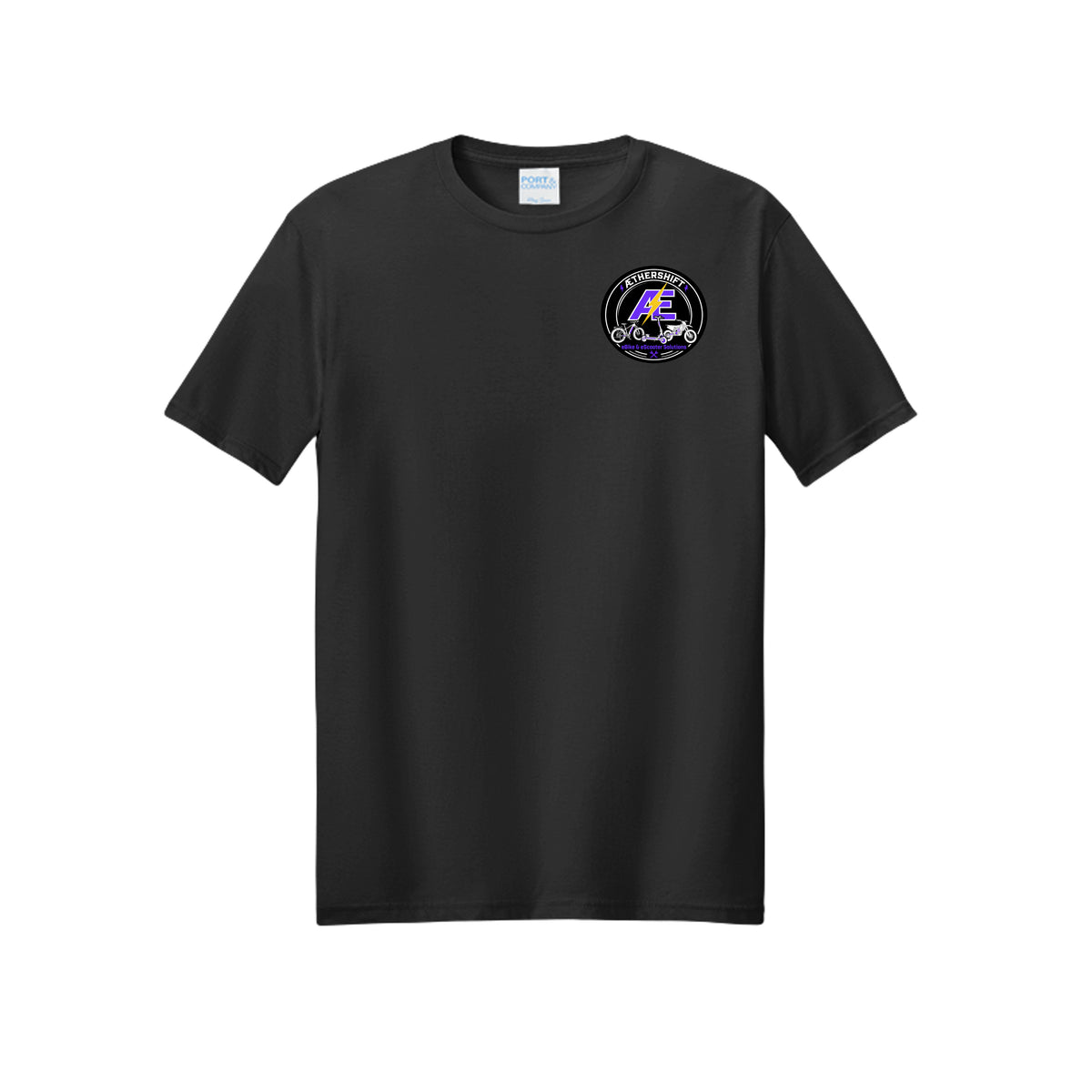 AetherShift Advertising Tee front - new badge logo on the left chest, Jet Black