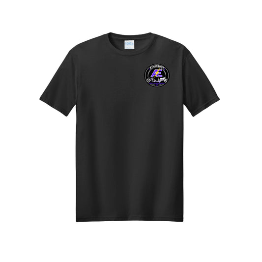 AetherShift Advertising Tee front - new badge logo on the left chest, Jet Black