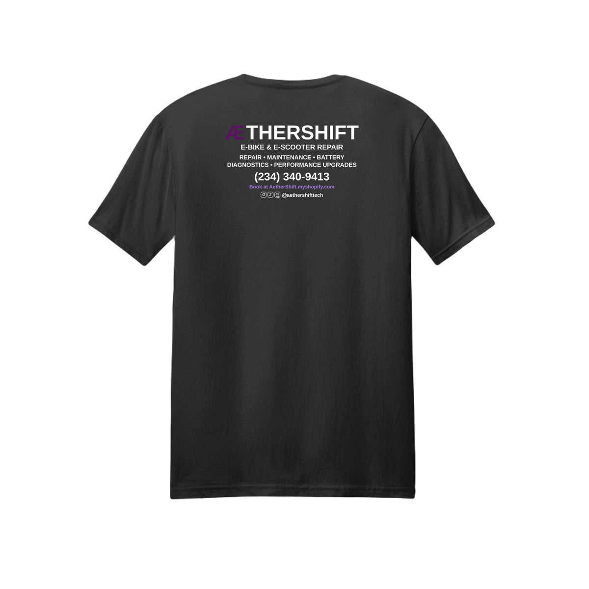 AetherShift Advertising Tee back - services list, shop phone number, and booking website