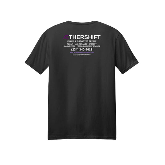 AetherShift Advertising Tee back - services list, shop phone number, and booking website