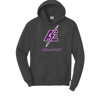 Road Troll hoodie in jet black, front view — Port & Company fleece pullover with Road Troll artwork
