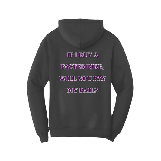 Road Troll hoodie in jet black, back view — Port & Company fleece pullover with Road Troll artwork