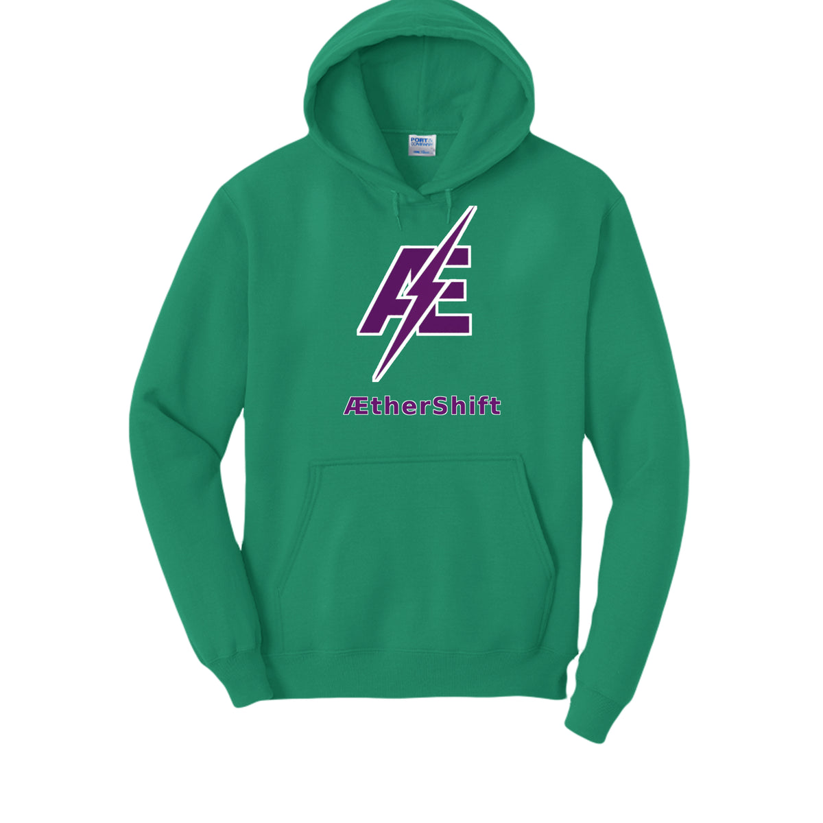 Road Troll hoodie in kelly, front view — Port & Company fleece pullover with Road Troll artwork