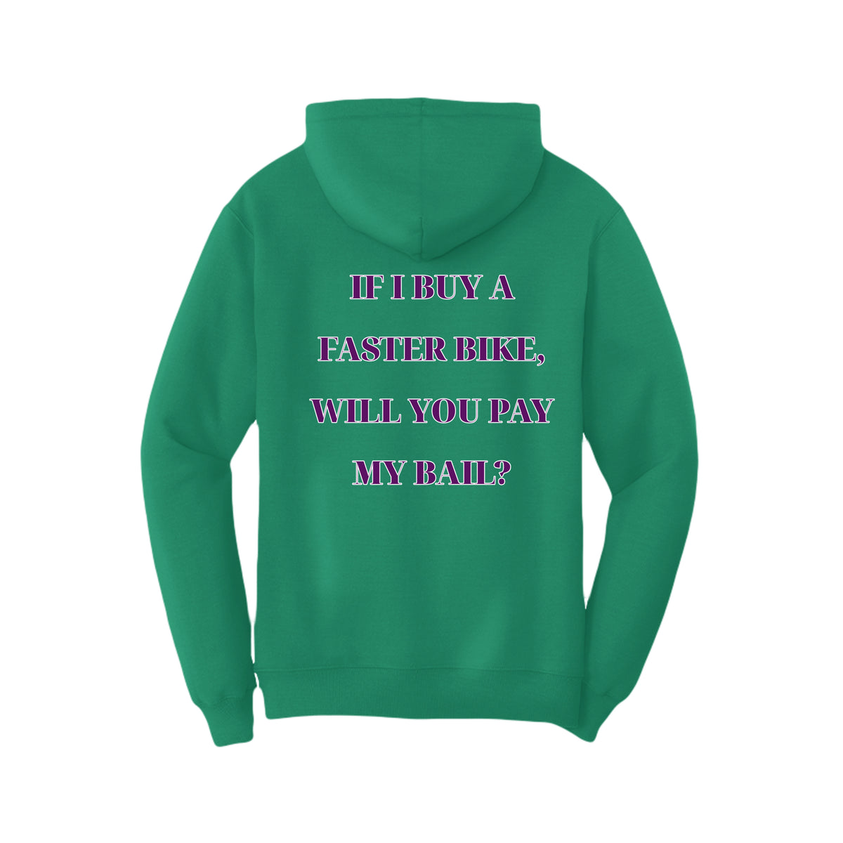 Road Troll hoodie in kelly, back view — Port & Company fleece pullover with Road Troll artwork