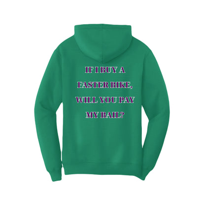 Road Troll hoodie in kelly, back view — Port & Company fleece pullover with Road Troll artwork