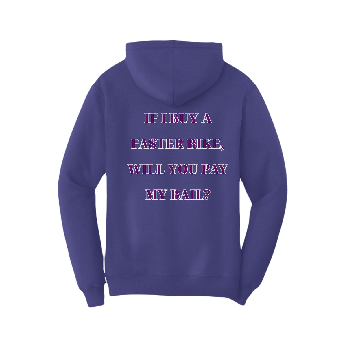 Road Troll hoodie in purple, back view — Port & Company fleece pullover with Road Troll artwork