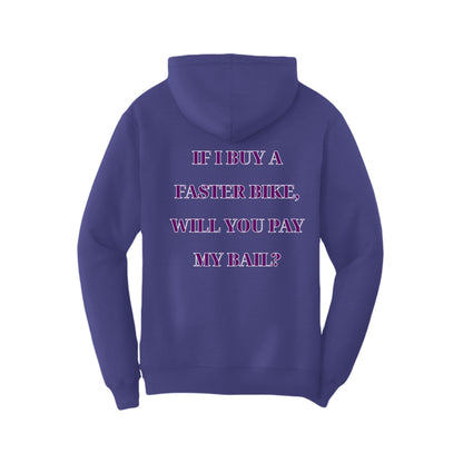 Road Troll hoodie in purple, back view — Port & Company fleece pullover with Road Troll artwork