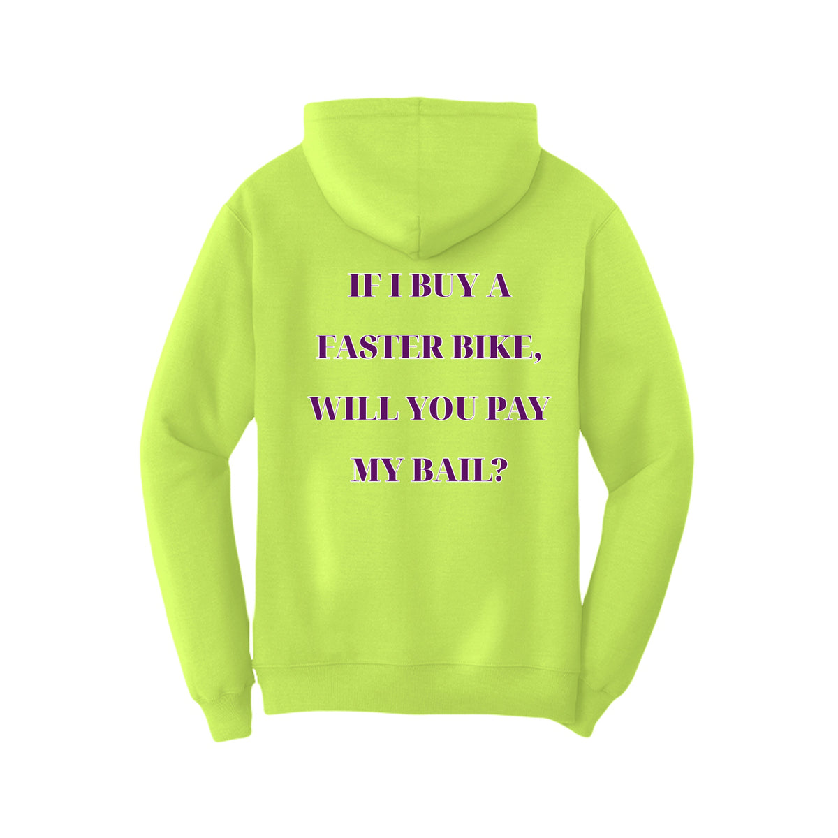 Road Troll hoodie in safety green, back view — Port & Company fleece pullover with Road Troll artwork