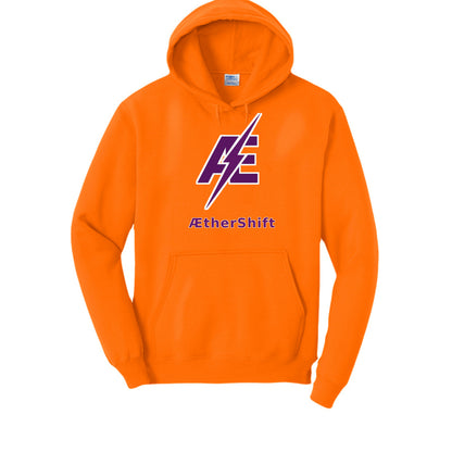 Road Troll hoodie in safety orange, front view — Port & Company fleece pullover with Road Troll artwork