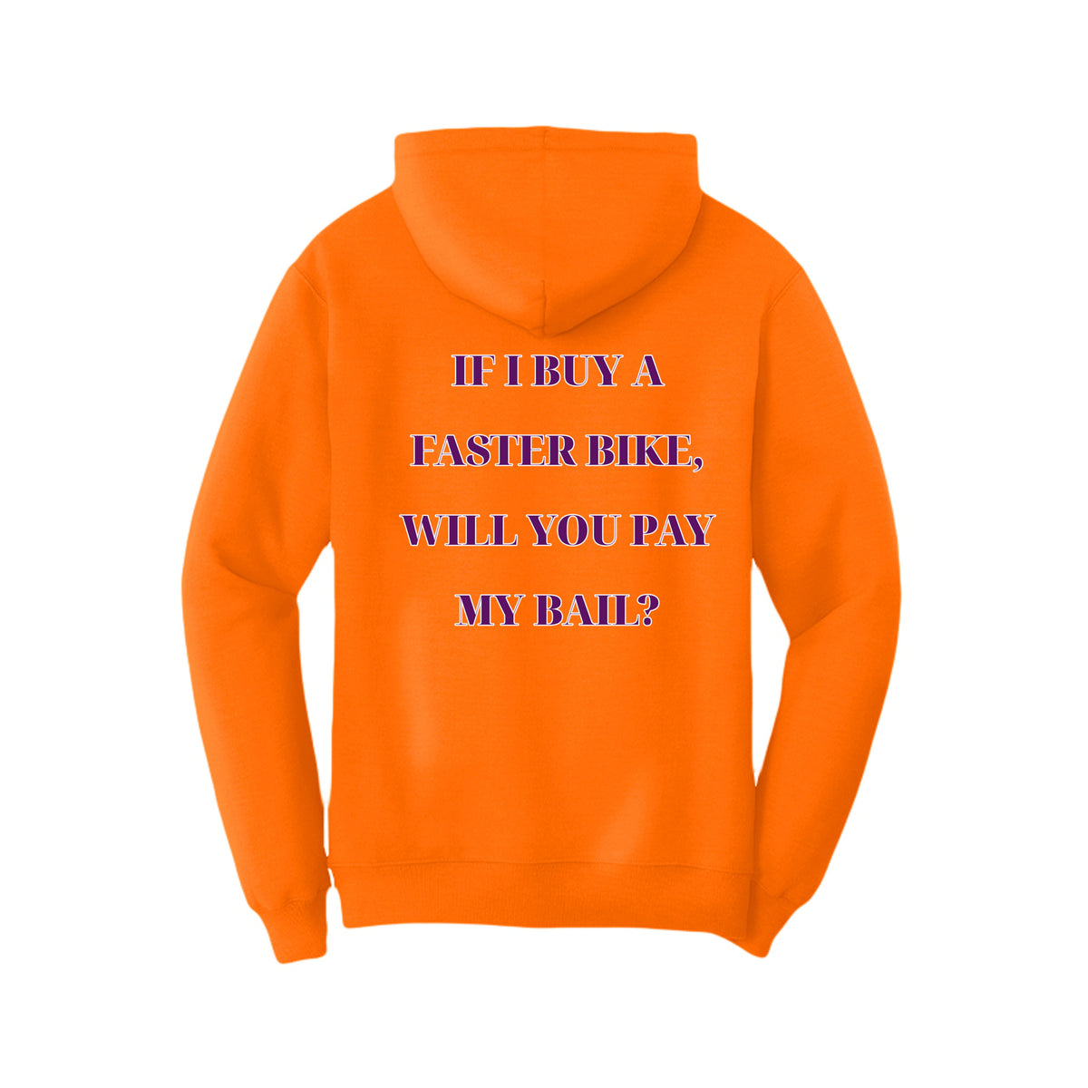 Road Troll hoodie in safety orange, back view — Port & Company fleece pullover with Road Troll artwork