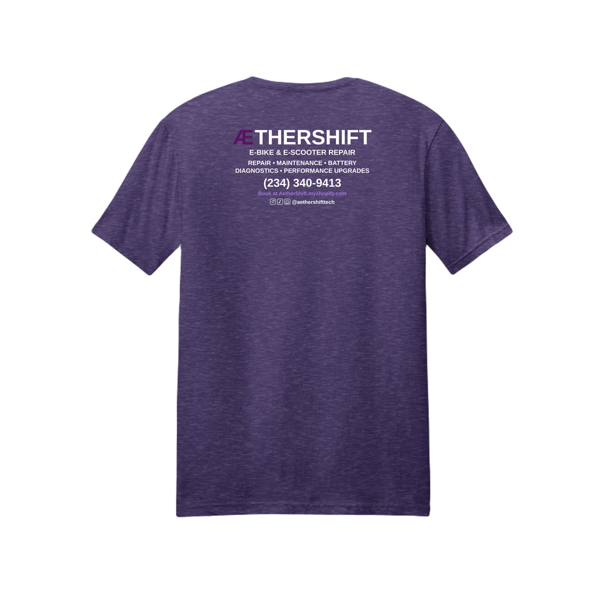 AetherShift Advertising Tee back - services list, shop phone number, and booking website, Team Purple Heather