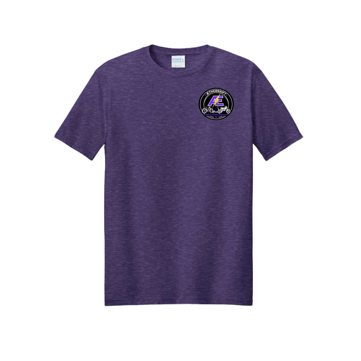 AetherShift Advertising Tee front - badge logo on the left chest, Team Purple Heather