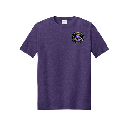 AetherShift Advertising Tee front - badge logo on the left chest, Team Purple Heather